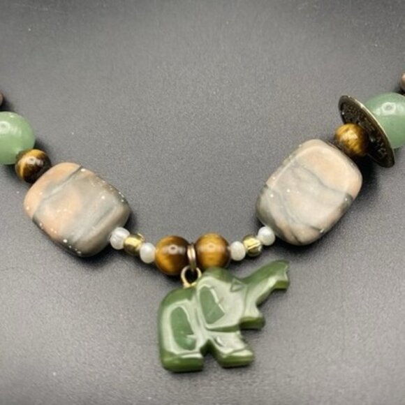 Rainforest Jasper Aventurine Tiger Eye Bead Necklace 22" Elephant Coin 66g Boho - Picture 4 of 10